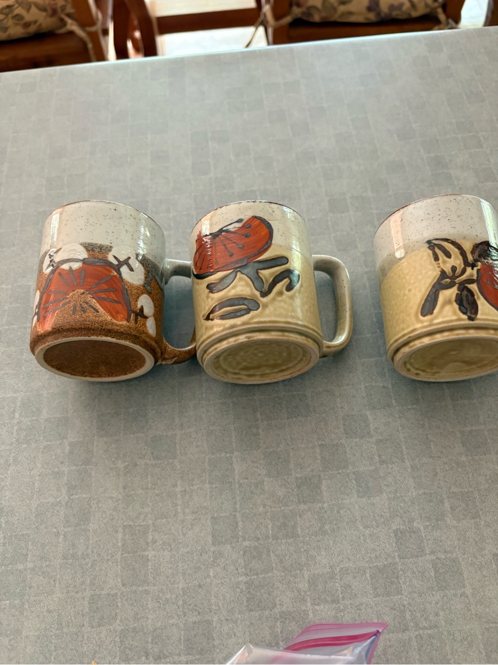 Vintage Japan Artisan Hand-Painted Beige Ceramic Mug with Orange Accents